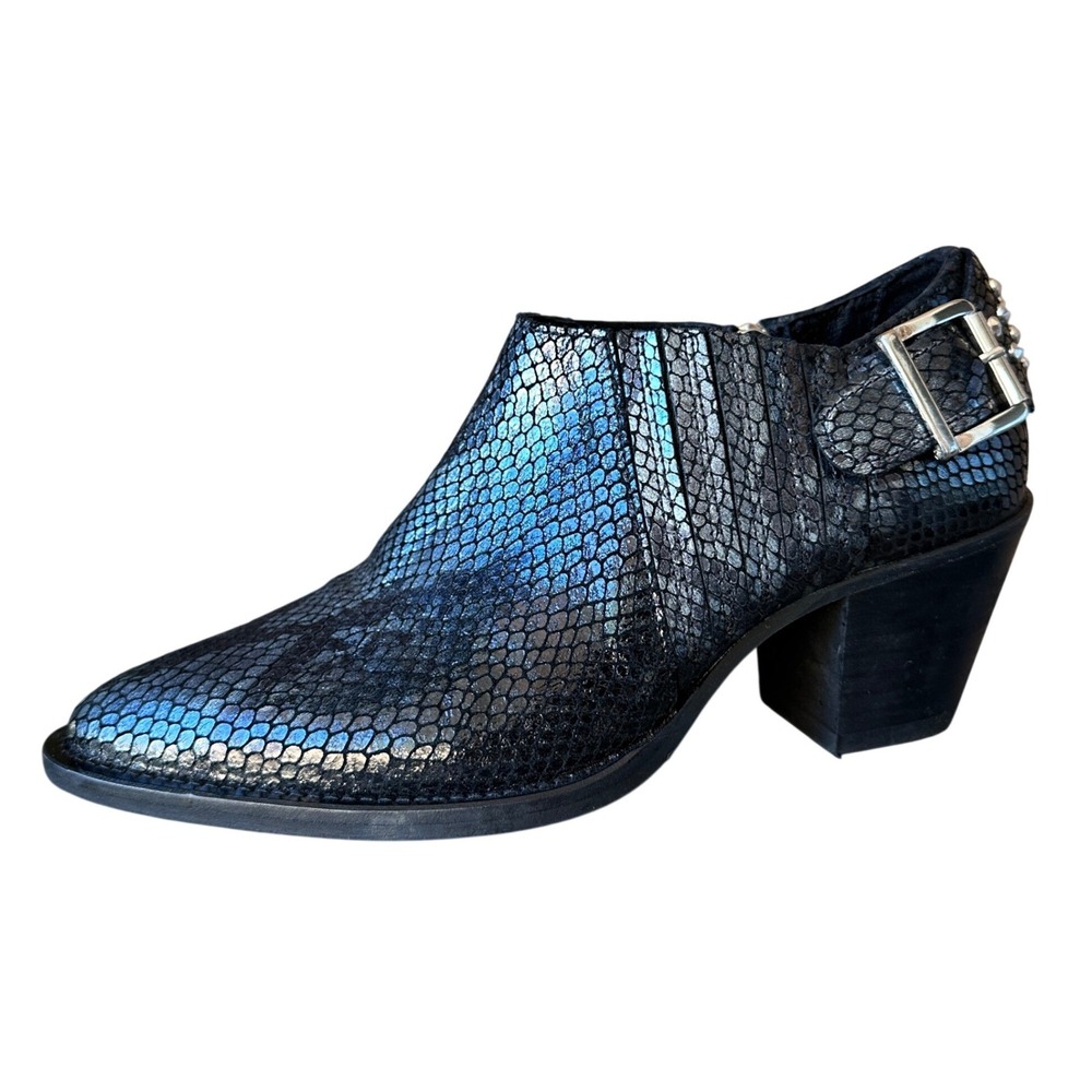 The Kooples Black Metallic Snakeskin Studded Buckle Ankle Boots Size 37